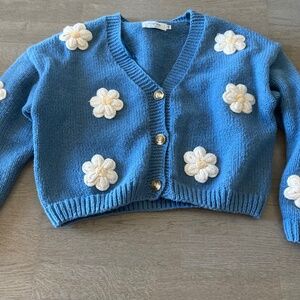 Thick Blue Cardigan with Daisies